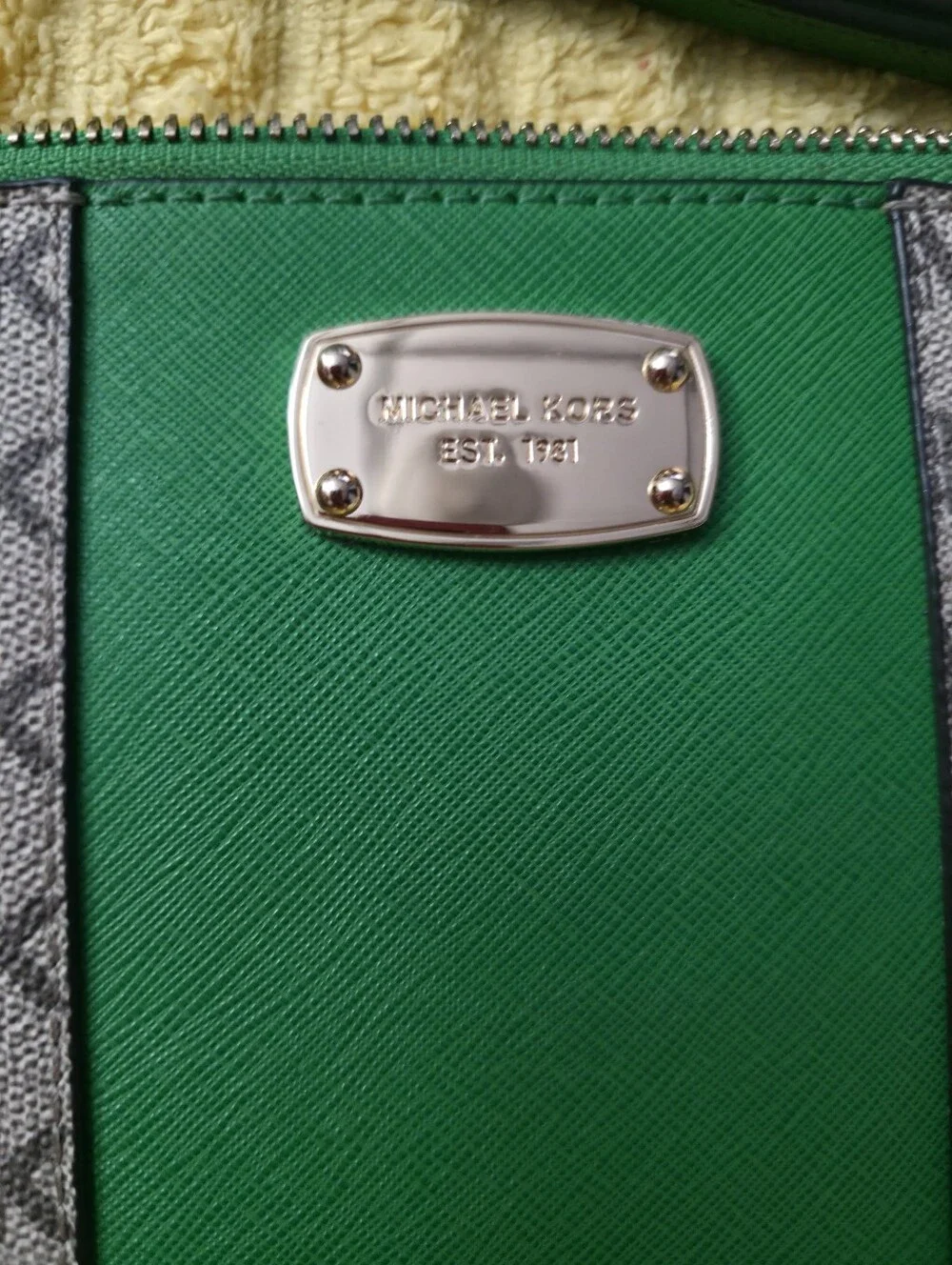 Michael Kors Brown Leather Wristlet with Green Strap